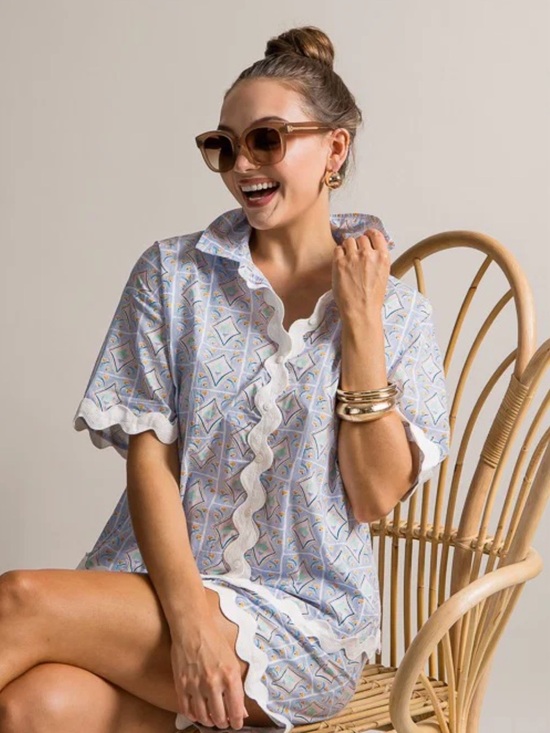 entro Tops - entro Pastel Blue Geometric Short Sleeve Top with White Rick Rack Trim